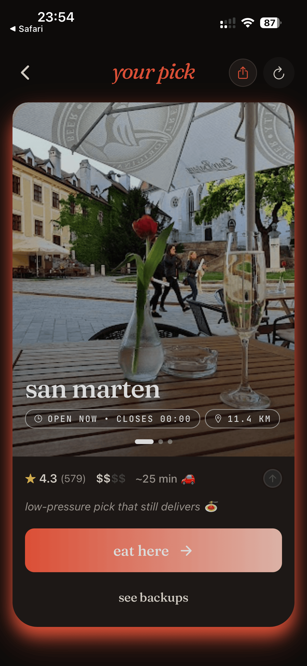 Snackr showing matched restaurant