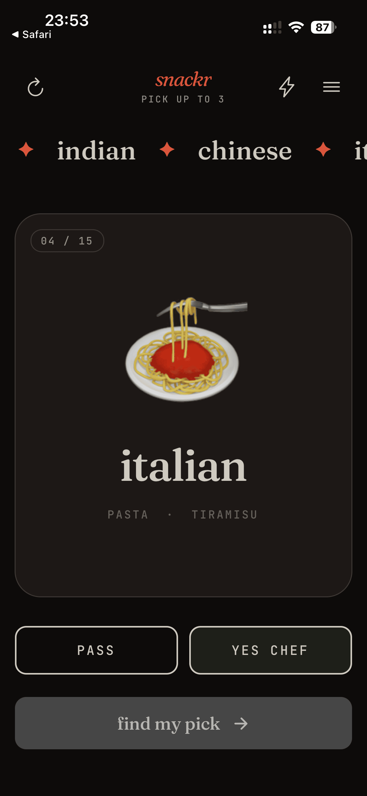 Snackr swipe interface